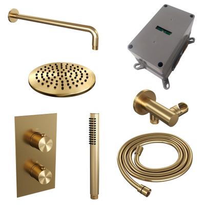 Brauer Gold Edition Colonne de douche thermostatique inverseur 2 voies avec partie encastrable douche de tête 20cm bras mural courbé et douchette stick laiton Or brossé