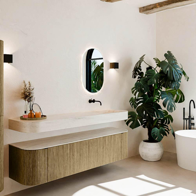 MONDIAZ THOR-DLUX 180cm meuble de salle de bains arrondi gauche + droite couleur Dusk avec 2 tiroirs et 2 portes. Vasque suspendue CLOUD Droite sans trou de robinet couleur Meli.