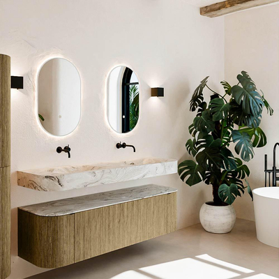 MONDIAZ THOR-DLUX 160cm meuble de salle de bains arrondi gauche + droite couleur Dusk avec 1 tiroir et 2 portes. Vasque suspendue CLOUD Double sans trou de robinet couleur Glace.