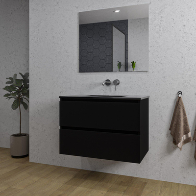 Saniclass Chaci Ensemble meuble de salle de bains - 80x46x55cm - lavabo céramique noir - 1 vasque - sans trou de robinet - 2 tiroirs - miroir rectangulaire - noir mat