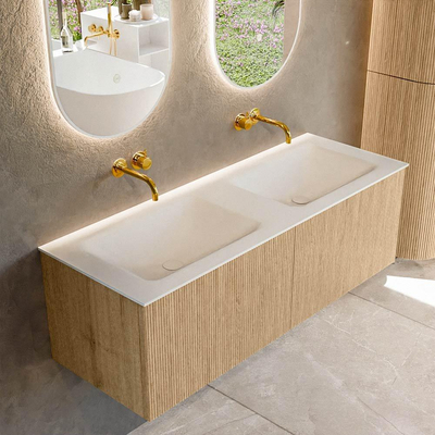 MONDIAZ KURVE 130cm Meuble salle de bain - couleur Oak - 2 tiroirs - vasque CLOUD double - sans trous de robinet - Talc