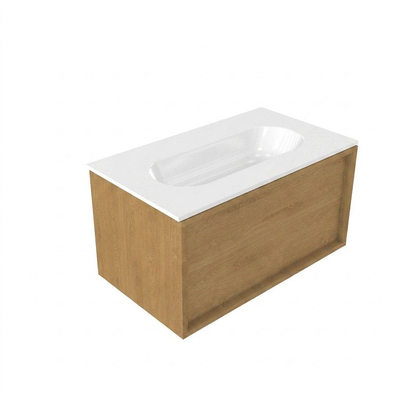 Saniclass Holz Frame Ensemble de meubles de salle de bains - 80x45x53.9cm - lavabo en céramique Chaci blanc - 1 vasque - 1 trou de robinetterie - 1 tiroir - chêne natural mat (bois)