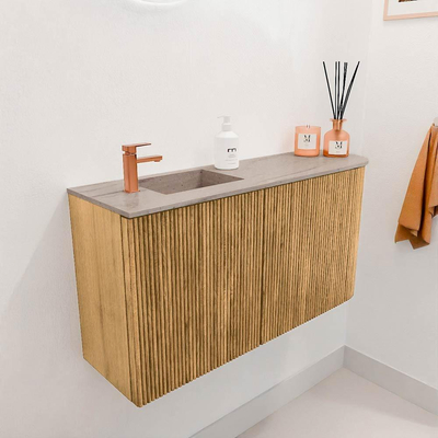 Mondiaz JOYA-DLUX 81.6cm toiletmeubel - ronding rechts kleur Oak - Wastafel FAYE positie Links 1 kraangat kleur Saba.