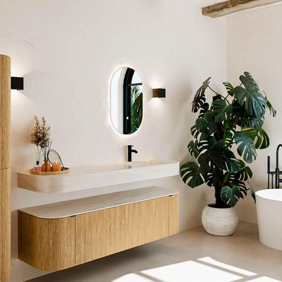 MONDIAZ THOR-DLUX 160cm meuble de salle de bains arrondi gauche + droite couleur Oak avec 1 tiroir et 2 portes. Vasque suspendue CLOUD droite 1 trou de robinet couleur Meli.