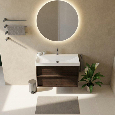 Saniclass Holz Frame Ensemble meuble de salle de bains - 100x45x67.5cm - lavabo Wave en céramique - 1 vasque - 1 trou de robinetterie - 2 tiroirs - chêne charcoal mat (bois)