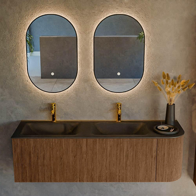 MONDIAZ KURVE 145cm Meuble salle de bain avec module 25 D - couleur Walnut - 1 tiroir - 1 porte - vasque CLOUD double / gauche - 2 trous de robinet - Urban