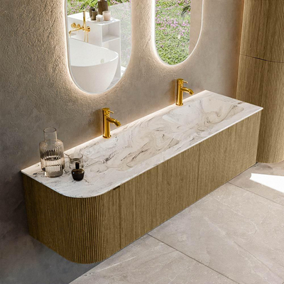 Mondiaz KURVE-DLUX Ensemble de meubles de salle de bains - 155x46x40cm - 2 tiroirs - 1 porte - lavabo solid surface - double / droite - 2 trous de robinet - Dusk