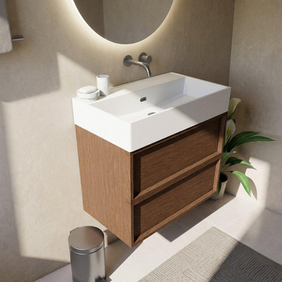 Saniclass Holz Frame Ensemble de meubles de salle de bains - 80x45x72cm - Legend lavabo en céramique blanc mat - 1 vasque - sans trou de robinet - 2 tiroirs - noyer pure mat (bois)
