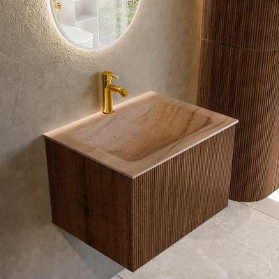 MONDIAZ KURVE-DLUX 60cm badmeubel kleur Walnut met 1 lade en 0 deuren. Wastafel CLOUD Midden 1 kraangat Saba.