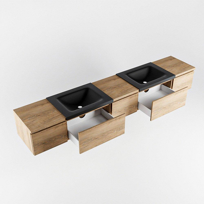 MONDIAZ BUKLA 240cm ensemble de meuble avec module 40 couleur Chêne blanchi avec 5 tiroirs. Lavabo CLOUD double 2 trous de robinet couleur Urbain.