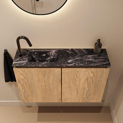 MONDIAZ TURE-DLUX Meuble de toilette 80cm Washed Oak. Lavabo EDEN Lava position gauche. Avec 1 trou de robinet.