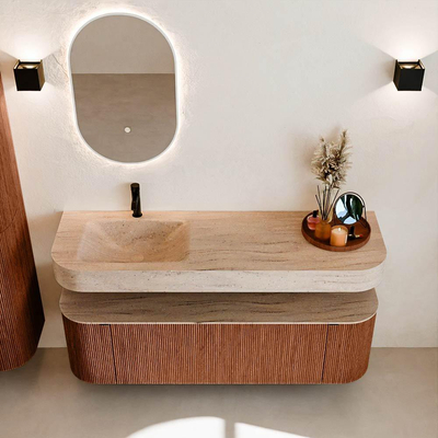 MONDIAZ THOR-DLUX 150cm meuble de salle de bains arrondi gauche + droite couleur Ruby avec 1 tiroir et 2 portes. Vasque suspendue CLOUD Gauche 1 trou de robinet couleur Saba.