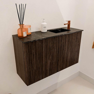Mondiaz JOYA-DLUX 70cm toiletmeubel - kleur Walnut - Wastafel FAYE positie Rechts 1 kraangat kleur Lava.