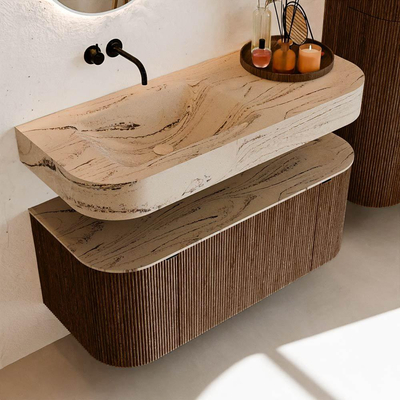 MONDIAZ THOR-DLUX 110cm meuble de salle de bains arrondi gauche + droite couleur Walnut avec 1 tiroir et 2 portes. Vasque suspendue CLOUD Gauche sans trou de robinet couleur Arena.