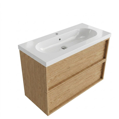 Saniclass Holz Frame Ensemble meuble de salle de bains - 100x45x63.5cm - lavabo en céramique Palermo blanc - 1 vasque - 1 trou de robinetterie - 2 tiroirs - chêne natural mat (bois)