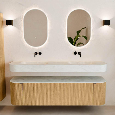 MONDIAZ THOR-DLUX 170cm meuble de salle de bains arrondi gauche + droite couleur Oak avec 1 tiroir et 2 portes. Vasque suspendue CLOUD Double sans trou de robinet couleur Opalo.