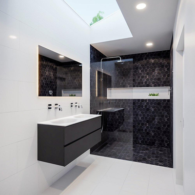 MONDIAZ VICA Ensemble de meuble salle de bain - 120cm - 2 tiroirs - lavabo Moon double - 0 trous de robinet - solid surface gris foncé