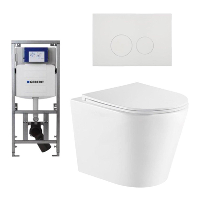 QeramiQ Dely toiletset met diepspoel rimless toilet 36.3x51.7 met Geberit UP320 inbouwreservoir softclose zitting glans wit en glans witte bedieningsplaat met ronde knoppen ABS