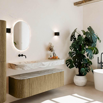 MONDIAZ THOR-DLUX 150cm meuble de salle de bains arrondi gauche + droite couleur Dusk avec 1 tiroir et 2 portes. Vasque suspendue CLOUD Gauche sans trou de robinet couleur Glace.