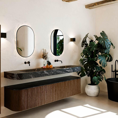 MONDIAZ THOR-DLUX 200cm meuble de salle de bains arrondi gauche + droite couleur Walnut avec 2 tiroirs et 2 portes. Vasque suspendue CLOUD Double sans trou de robinet couleur Lava.