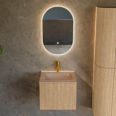 MONDIAZ KURVE-DLUX 50cm badmeubel kleur Oak met 1 lade en 0 deuren. Wastafel GRUNNE Midden 1 kraangat Saba.