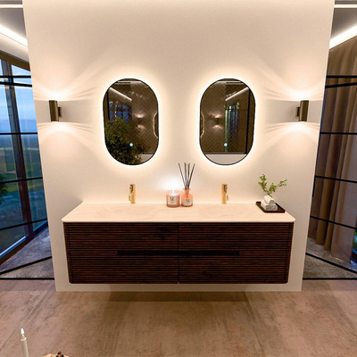 Mondiaz CIRO-DLUX Ensemble de meubles de salle de bains - 170x45x50cm - Plan-vasque Solid surface Meli - 2 vasques Double - 2 trous de robinet - 4 tiroirs - Noyer