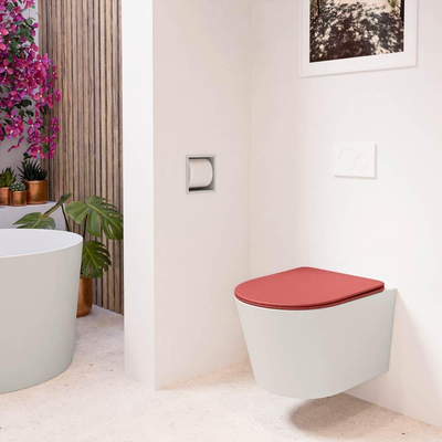 Mondiaz LAVIE WC suspendu – sans bride – 36 x 53 cm – avec abattant softclose – Linen (blanc cassé), abattant Fire (rouge)