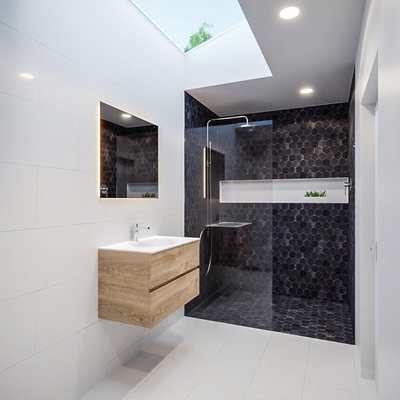 ENSEMBLE DE MEUBLE MONDIAZ VICA - 80cm - 2 tiroirs - lavabo Moon central - 1 trou de robinet - solid surface chêne blanchi