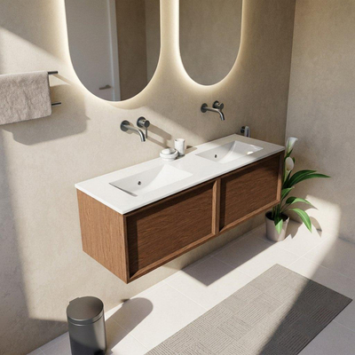 Saniclass Holz Frame Ensemble meuble de salle de bains - 140x45x42cm - lavabo Vygo en céramique blanc - 2 vasques - sans trous de robinet - 2 tiroirs - brillant walnut pure (bois)