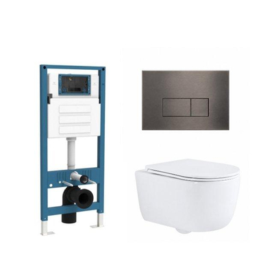 QeramiQ Dely Swirl Ensemble WC - réservoir encastré QeramiQ Flush - abattant slim - plaque de commande métal gunmetal - boutons rectangulaires - blanc brillant