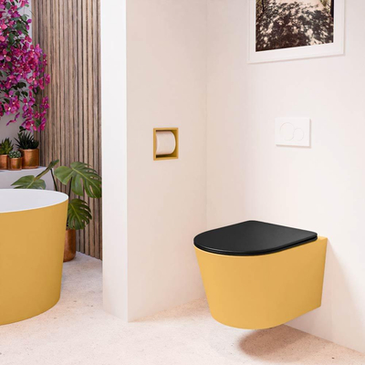 Mondiaz LAVIE hangtoilet – spoelrandloos – 36 x 53 cm – met softclose zitting – Ocher (geel), zitting Urban (zwart)