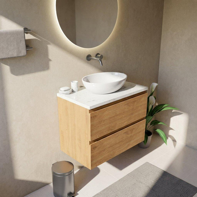 Saniclass Holz Pure Ensemble meuble de salle de bains - 80x45x63cm - Plan vasque en marbre Dia poli (blanc) - sans trou de robinet - 2 tiroirs - chêne natural mat (bois)