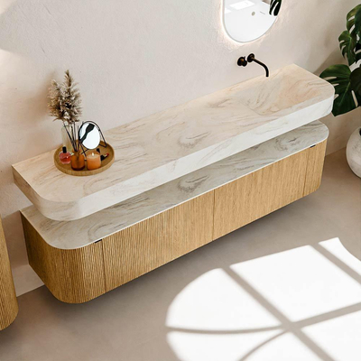 MONDIAZ THOR-DLUX 200cm meuble de salle de bains arrondi gauche + droite couleur Oak avec 2 tiroirs et 2 portes. Vasque suspendue CLOUD Droite sans trou de robinet couleur Ostra.