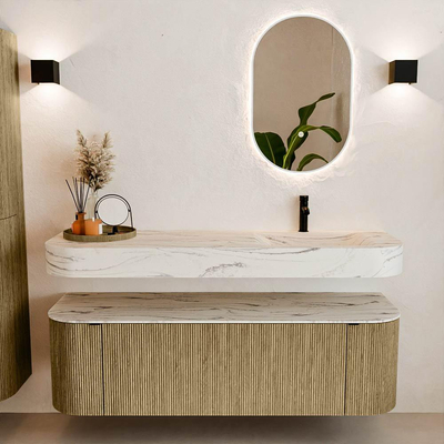 MONDIAZ THOR-DLUX 150cm meuble de salle de bains arrondi gauche + droite couleur Dusk avec 1 tiroir et 2 portes. Vasque suspendue CLOUD Droite 1 trou de robinet couleur Nata.