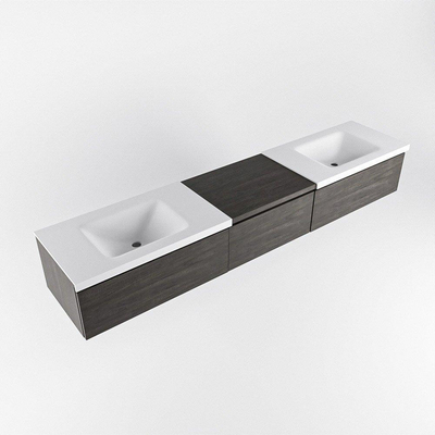 MONDIAZ BUKLA 220cm ensemble de meuble avec module 60 couleur Marron foncé avec 3 tiroirs. Lavabo CLOUD double 2 trous de robinet couleur Talc.
