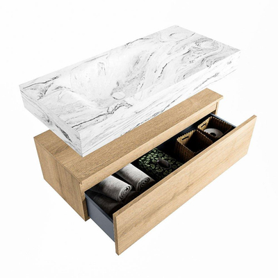 Mondiaz ALAN-DLUX Ensemble de meuble - 100cm - meuble Washed Oak mat - 1 tiroir - Lavabo Cloud Glace suspendu - vasque Gauche - 0 trous de robinet