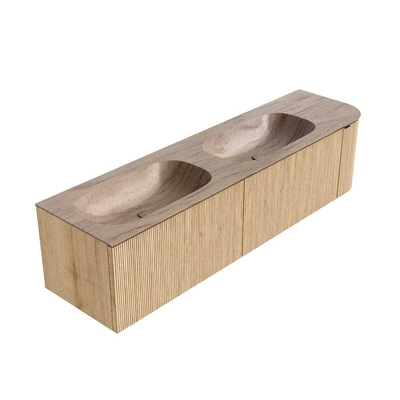 MONDIAZ KURVE-DLUX 175cm badmeubel ronding Rechts kleur Oak met 2 lades en 1 deur. Wastafel STOR SMALL Dubbel / Links 2 kraangaten Saba.