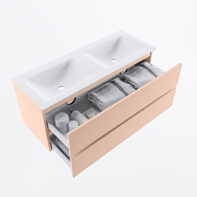 MONDIAZ VICA Ensemble meuble de salle de bains - 120cm - meuble bas rosee - 2 tiroirs - vasque cloud double - sans trous de robinet - version haute 60cm - talc