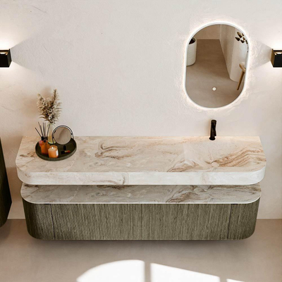 MONDIAZ THOR-DLUX 190cm meuble de salle de bains arrondi gauche + droite couleur Shadow avec 2 tiroirs et 2 portes. Vasque suspendue CLOUD Droite 1 trou de robinet couleur Frappe.