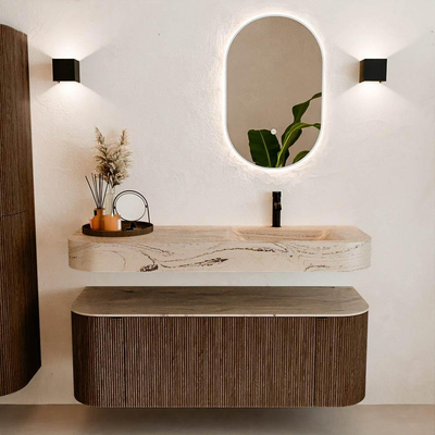 MONDIAZ THOR-DLUX 130cm badmeubel ronding links + rechts kleur Walnut met 1 lade en 2 deuren. Vrijhangende wastafel CLOUD Rechts 1 kraangat kleur Arena.