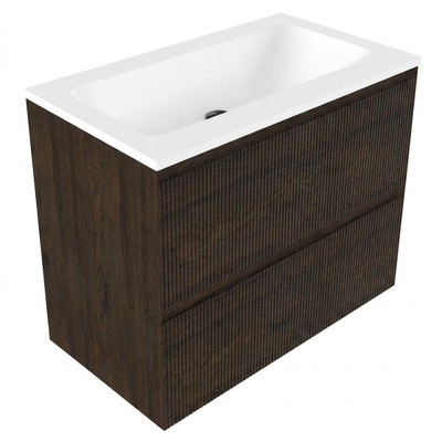 Saniclass Holz Atelier Ensemble de meuble de salle de bains - 80x45x77.5cm - lavabo Torino en solid surface blanc - sans trou de robinet - 2 tiroirs - chêne charcoal mat (bois)