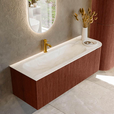 Mondiaz KURVE-DLUX Badkamermeubelset - 135x46x40cm - 1 lade - 1 deur - wastafel solid surface - links - 1 kraangat - Ruby