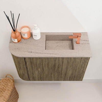 Mondiaz JOYA-DLUX Meuble de toilette 61,6cm - arrondi gauche couleur Dusk - Vasque FAYE position droite 1 trou de robinet couleur Saba