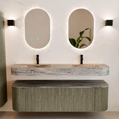 MONDIAZ THOR-DLUX 160cm meuble de salle de bains arrondi gauche + droite couleur Shadow avec 1 tiroir et 2 portes. Vasque suspendue CLOUD Double 2 trous de robinet couleur Oza.