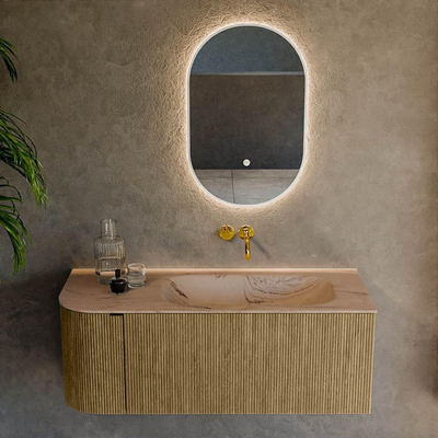 MONDIAZ KURVE-DLUX Meuble de salle de bains 115 cm arrondi à gauche couleur Dusk avec 1 tiroir et 1 porte. Lavabo BIG SMALL à droite sans trou de robinet Arena.