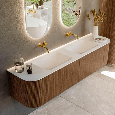 MONDIAZ KURVE 180cm Meuble salle de bain avec module 25 G et D - couleur Walnut - 2 tiroirs - 2 portes - vasque CLOUD double - sans trous de robinet - Talc