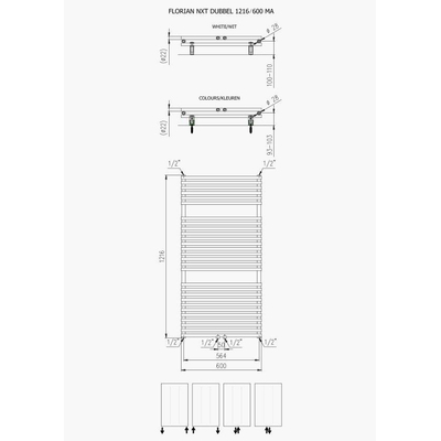 Plieger Florian Nxt M designradiator dubbel horizontaal met middenaansluiting 1216x600mm 980W wit