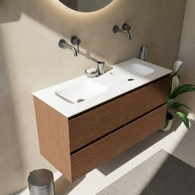 Saniclass Holz Pure Ensemble meuble de salle de bains - 120x45x61.5cm - Flow lavabo en solid surface blanc - 2 vasques - sans trous de robinetterie - 4 tiroirs - noyer pure mat (bois)