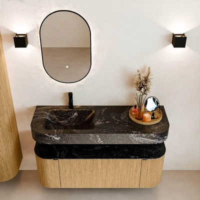 MONDIAZ THOR-DLUX 130cm meuble de salle de bains arrondi gauche + droite couleur Oak avec 1 tiroir et 2 portes. Vasque suspendue CLOUD Gauche 1 trou de robinet couleur Lava.