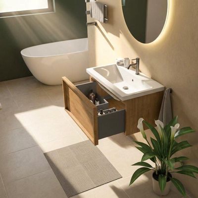 Saniclass Holz Frame Ensemble meuble de salle de bains - 80x45x43.5cm - Bari lavabo en céramique blanc - 1 vasque - 1 trou de robinetterie - 1 tiroir - chêne natural mat (bois)
